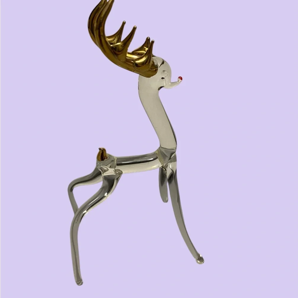 Vintage Reindeer 22 K Gold Overlay Hand Blown Glass Reindeer 5 Piece Set Clear